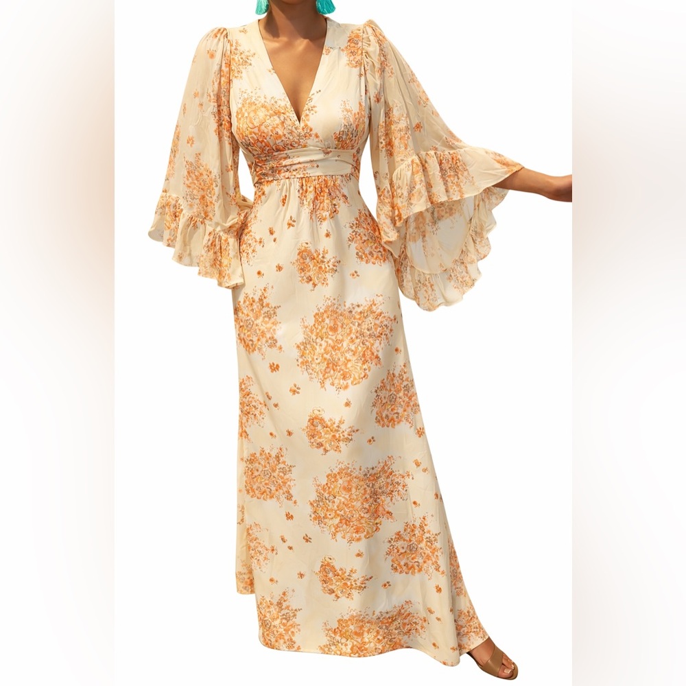 Vintage 1970s Boho Bell Sleeve Goldie Flower Dress fits s/m